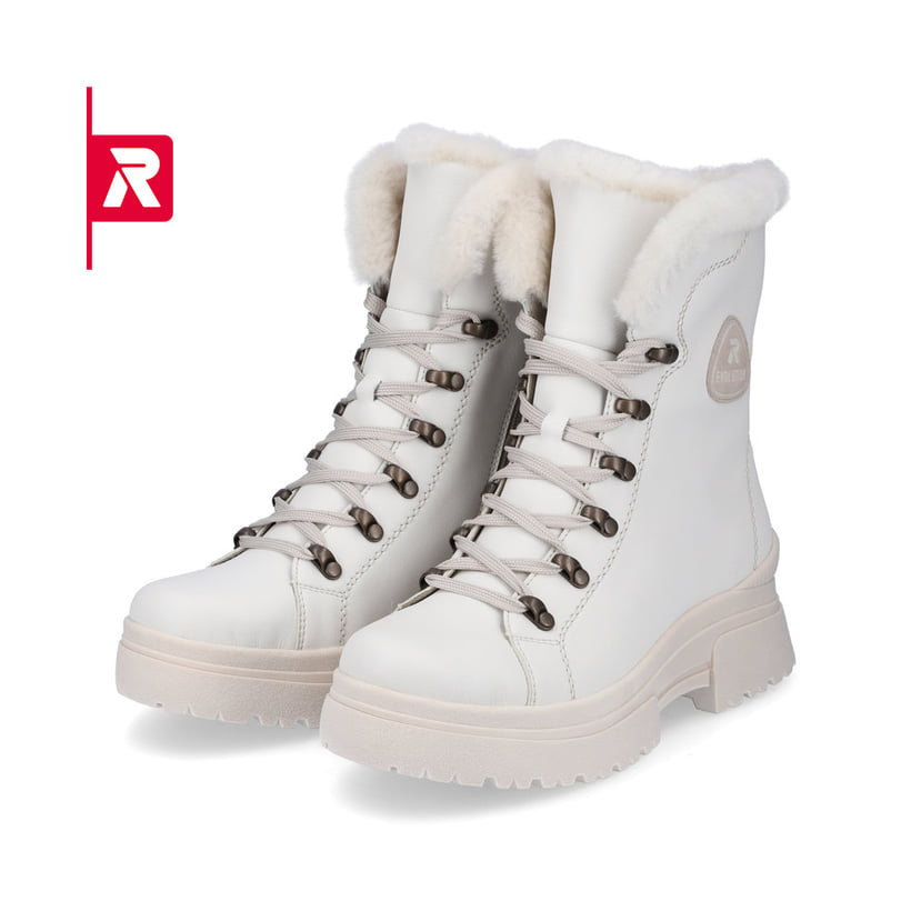 Weiße Rieker EVOLUTION Damen Stiefel W0372-80 mit Schnürung und Reißverschluss. Schuhpaar schräg.