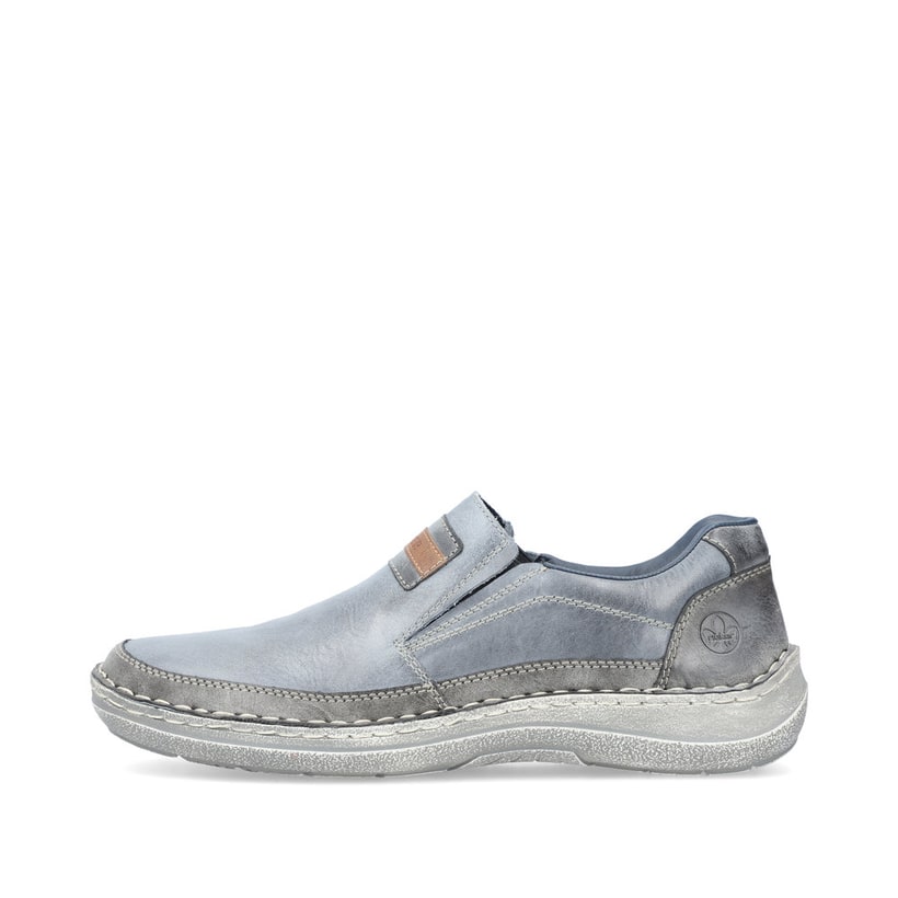 
Blau-metallische Rieker Herren Slipper 03091-14 mit einer schockabsorbierenden Sohle. Schuh Außenseite