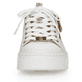 Perlweiße Rieker Damen Sneaker Low N5932-80 mit einem Reißverschluss. Schuh von vorne.
