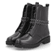 Graphitschwarze remonte Damen Kurzstiefel D8665-00 mit abnehmbarer Kette. Schuhpaar seitlich schräg.