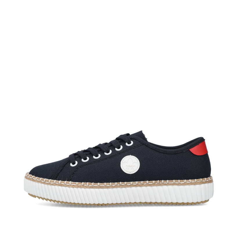 Blaue Rieker Damen Sneaker Low M2926-14 mit Schnürung sowie weißem Logo. Schuh Außenseite.
