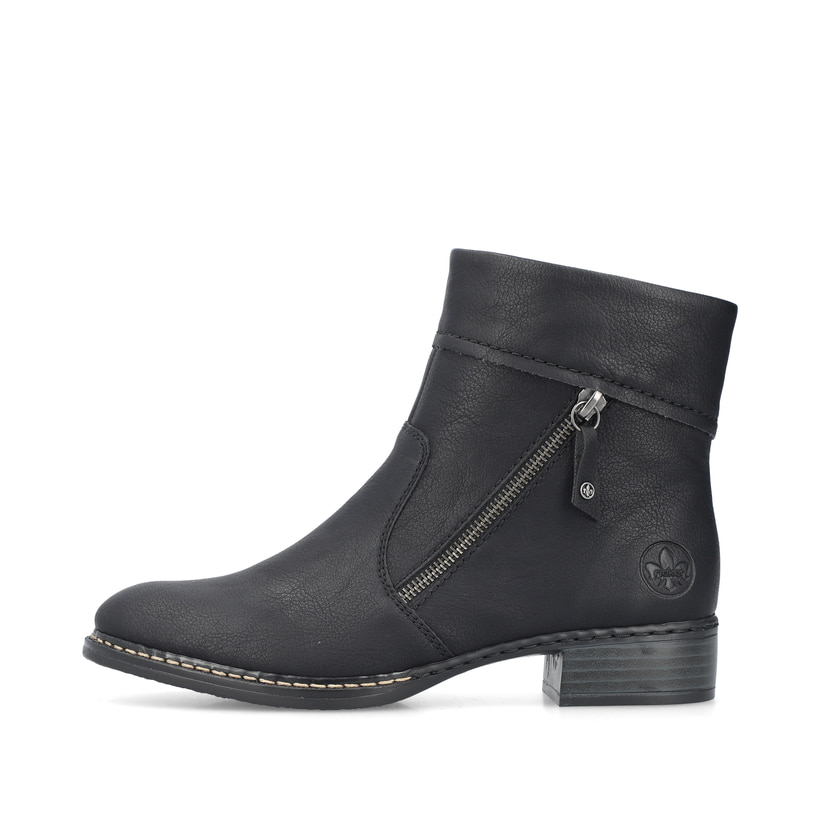 Urbanschwarze Rieker Damen Stiefeletten 73460-00 mit einem Reißverschluss. Schuh Außenseite.