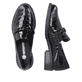 
Glanzschwarze remonte Damen Loafers D0F03-02 mit Elastikeinsatz sowie Blockabsatz. Schuhpaar von oben.