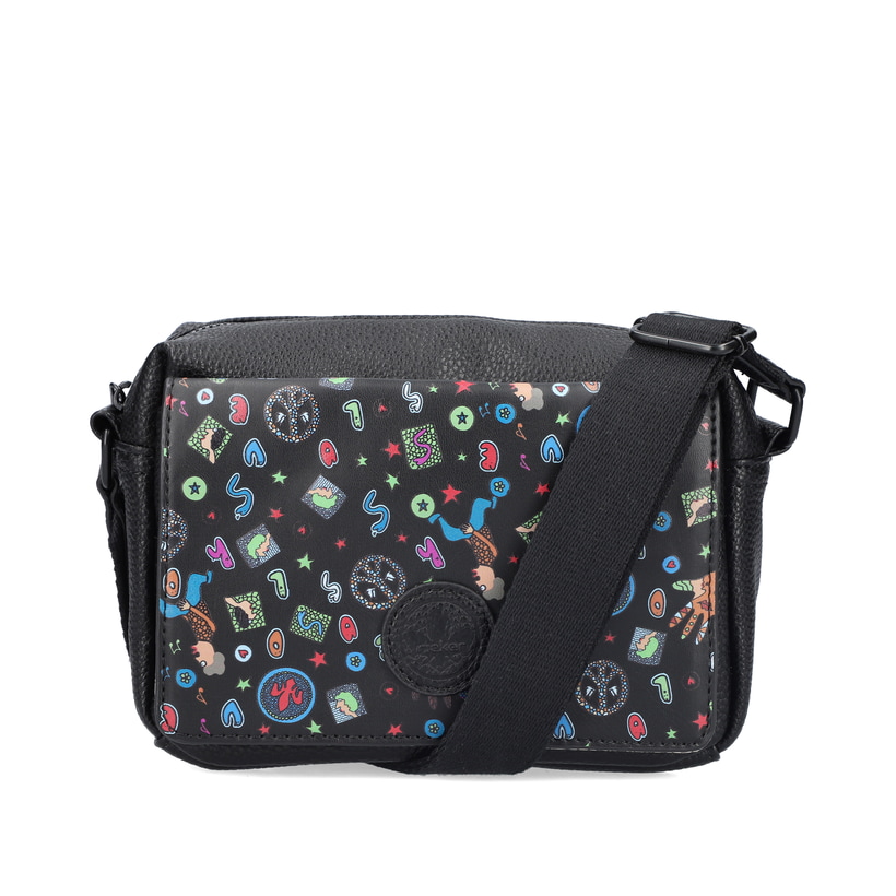 Rieker Damen Handtasche H1455-02 in Schwarz-Multi aus Kunstleder mit Reißverschluss. Handtasche Vorderseite.