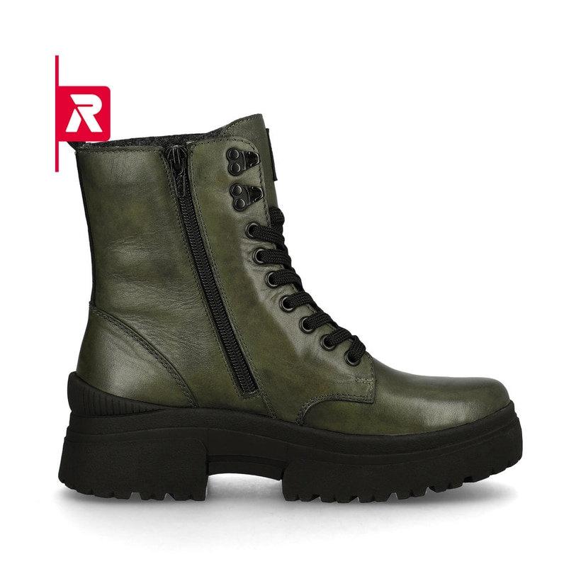 Grüne Rieker EVOLUTION Damen Stiefel W0371-52 mit Schnürung und Reißverschluss. Schuh Innenseite.
