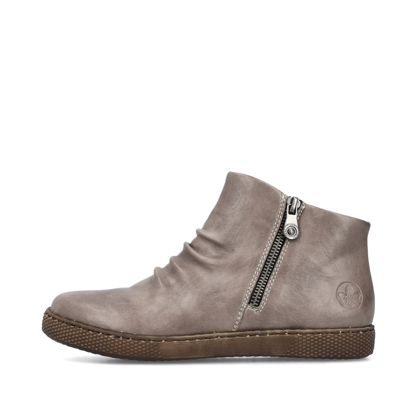 Braungraue Rieker Damen Kurzstiefel Z1263-42 mit einem Reißverschluss. Schuh Außenseite.