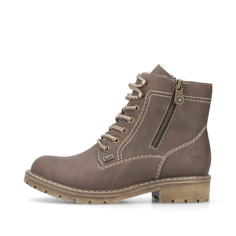 
Schokobraune Rieker Damen Schnürstiefel Y9134-25 mit einer robusten Profilsohle. Schuh Außenseite