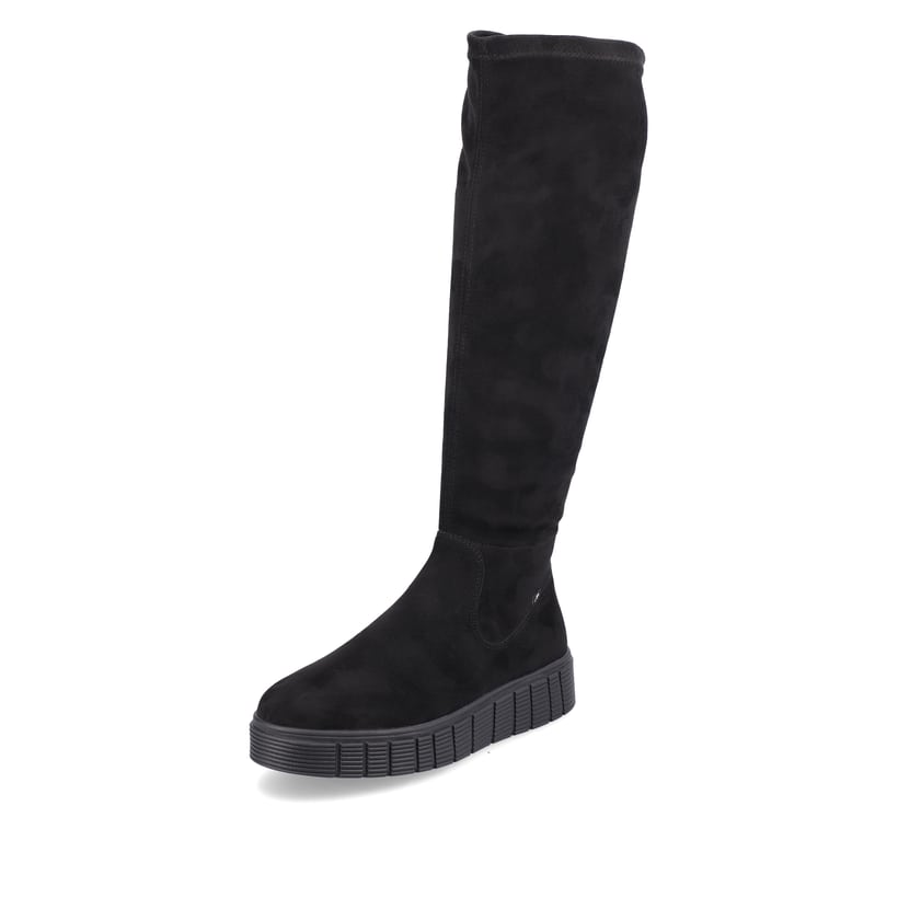 Schwarze Rieker EVOLUTION Damen Stiefel W1080-00 mit einer robusten Plateausohle. Schuh seitlich schräg.