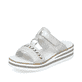 Graue Rieker Damen Pantoletten V02M6-40 mit einem Klettverschluss. Schuh seitlich schräg.