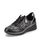 
Nachtschwarze remonte Damen Sneaker D2400-01 mit einer flexiblen Sohle mit Keilabsatz. Schuh seitlich schräg