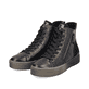 Schwarze Rieker Damen Sneaker High W0761-00 mit einer Plateausohle. Schuhpaar seitlich schräg.
