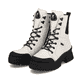 Weiße Rieker Damen Schnürstiefel W0374-80 mit wasserabweisender TEX-Membran. Schuhpaar seitlich schräg.