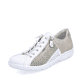 Weiße Rieker Damen Slipper L7465-91 mit Reißverschluss sowie Löcheroptik. Schuh seitlich schräg.