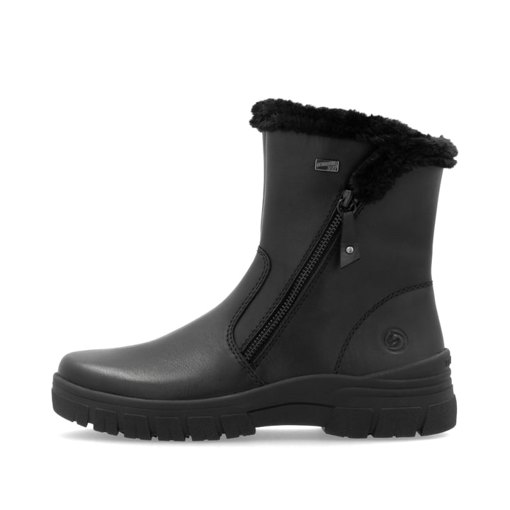 Schwarze remonte Damen Kurzstiefel D0E78-00 mit wasserabweisender TEX-Membran. Schuh Außenseite.