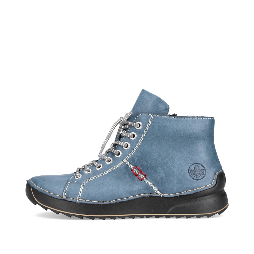 
Blaugraue Rieker Damen Schnürstiefel 71510-14 mit einer schockabsorbierenden Sohle. Schuh Außenseite