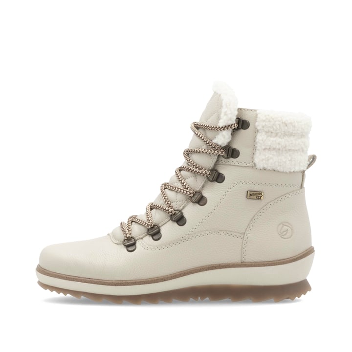 Beige remonte Damen Schnürstiefel R8485-60 mit wasserabweisender TEX-Membran. Schuh Außenseite.