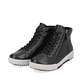 Schwarze Rieker Damen Sneaker High W0164-00 mit leichter und griffiger Sohle. Schuhpaar seitlich schräg.