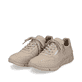 Beige Rieker Damen Sneaker Low M0131-60 mit Reißverschluss sowie geprägtem Logo. Schuhpaar seitlich schräg.