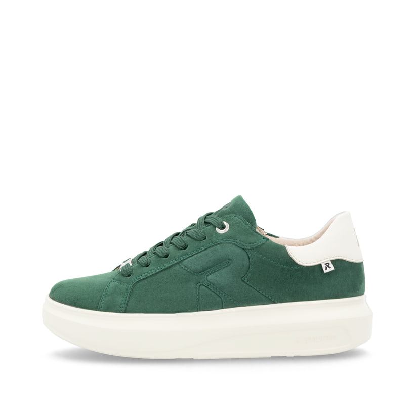 Grüne Rieker Damen Sneaker Low W1204-54 mit einer ultraleichten Plateausohle. Schuh Außenseite.