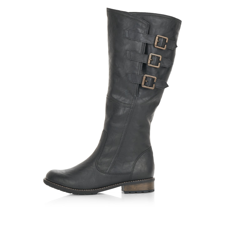 
Tiefschwarze remonte Damen Hochschaftstiefel R3370-01 mit einer dämpfenden Profilsohle. Schuh Außenseite