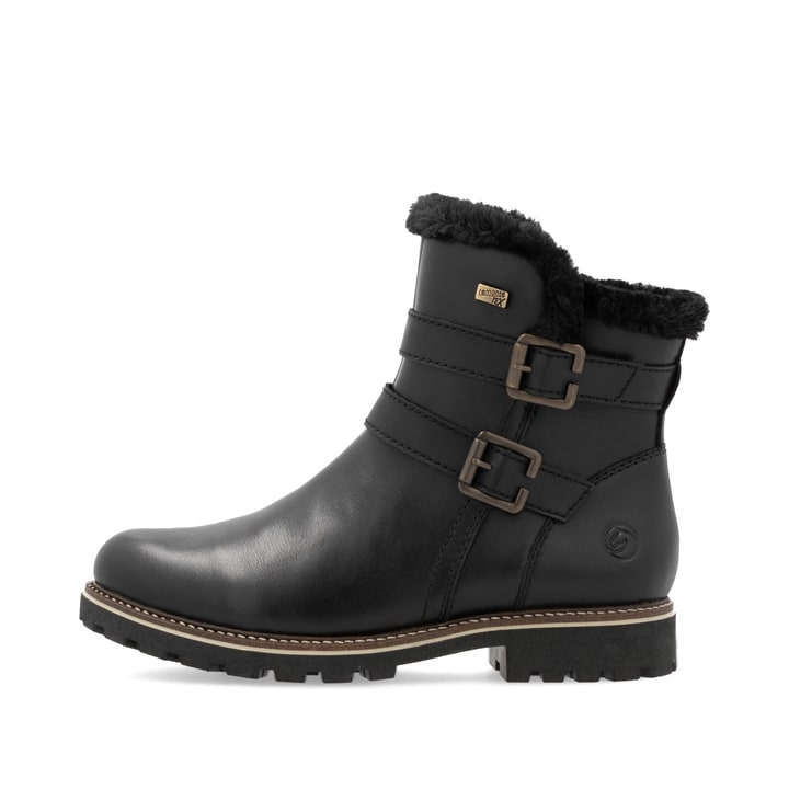 Schwarze remonte Damen Kurzstiefel D8484-00 mit wasserabweisender TEX-Membran. Schuh Außenseite.