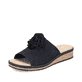Schwarze Rieker Damen Pantoletten V3659-00 mit einer schockabsorbierenden Sohle. Schuh seitlich schräg.