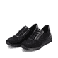 
Nachtschwarze remonte Damen Sneaker R6700-03 mit Schnürung und Reißverschluss. Schuhpaar schräg.