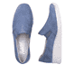 Blaue Rieker Damen Slipper N3363-10 mit Elastikeinsatz sowie schmaler Passform E. Schuh von oben, liegend.