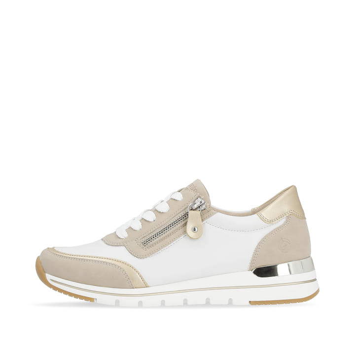 Weiße vegane remonte Damen Sneaker R6709-80 mit einem Reißverschluss. Schuh Außenseite.