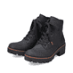 
Graphitschwarze Rieker Damen Schnürstiefel 79240-00 mit Schnürung und Reißverschluss. Schuhpaar schräg.