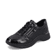 
Glanzschwarze remonte Damen Sneaker D0G09-01 mit Schnürung und Reißverschluss. Schuh seitlich schräg