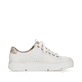 Perlweiße Rieker Damen Sneaker Low N5932-80 mit einem Reißverschluss. Schuh Innenseite.