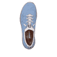 Himmelblaue Rieker Damen Slipper N4285-10 mit einer Gummischnürung. Schuh von oben.