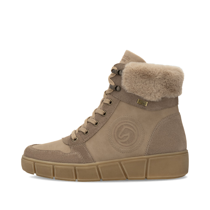 Beige remonte Damen Schnürstiefel D1T74-20 mit wasserabweisender TEX-Membran. Schuh Außenseite.