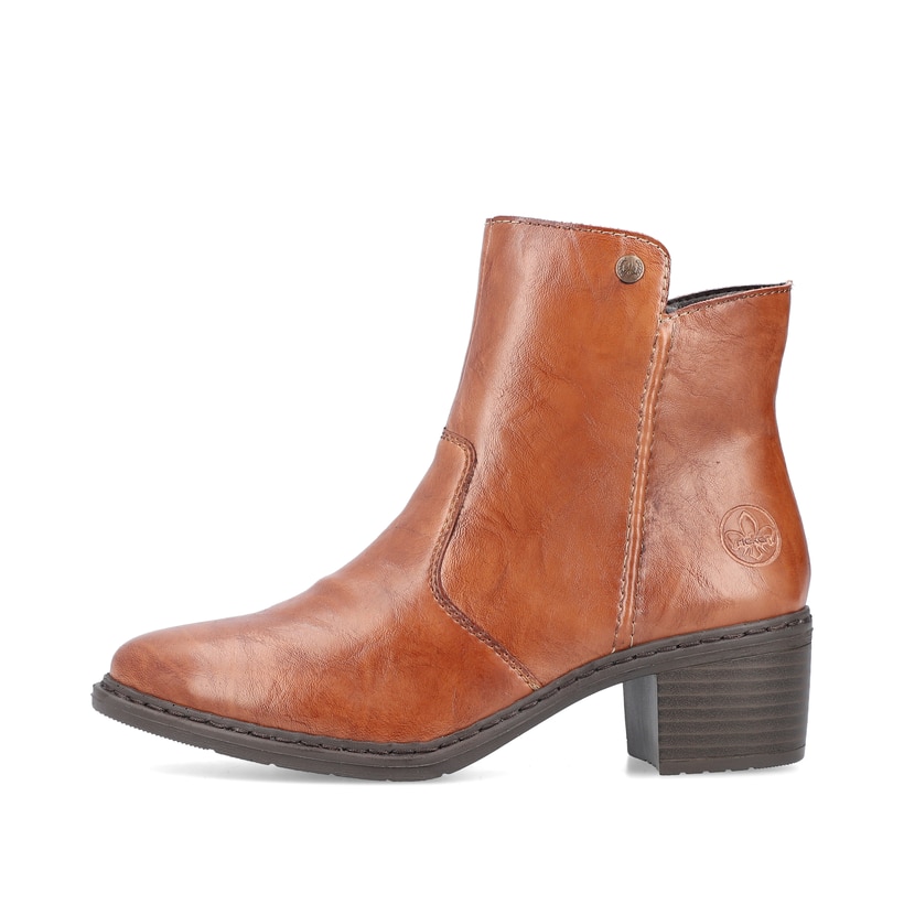 Kupferbraune Rieker Damen Stiefeletten 70161-24 mit Reißverschluss sowie Blockabsatz. Schuh Außenseite.