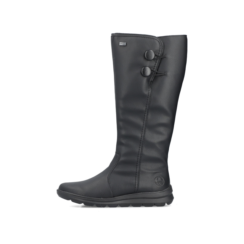 Nachtschwarze Rieker Damen Hochschaftstiefel Z0090-00 mit einem Reißverschluss. Schuh Außenseite.