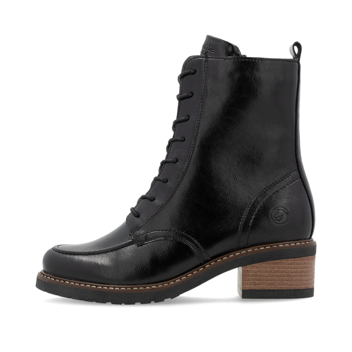 Schwarze vegane remonte Damen Schnürstiefel D1A77-00 mit einem Reißverschluss. Schuh Außenseite.