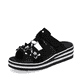 Schwarze Rieker Damen Pantoletten V0228-01 mit einem Klettverschluss. Schuh seitlich schräg.