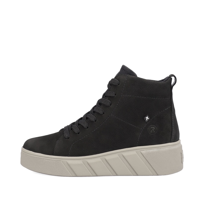 Schwarze Rieker Damen Sneaker High W0561-00 mit ultra leichter Plateausohle. Schuh Außenseite.