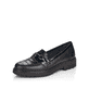 Graphitschwarze Rieker Damen Loafer 54862-01 mit einem Elastikeinsatz. Schuh seitlich schräg.