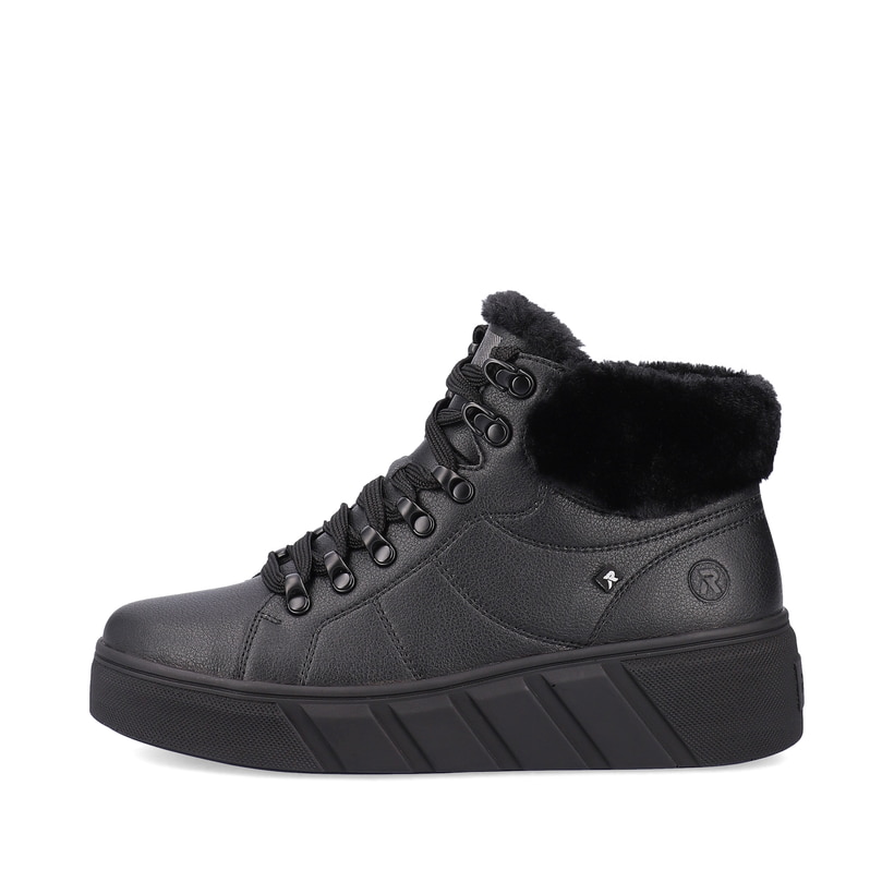 Schwarze Rieker Damen Sneaker High W0560-00 mit einer Plateausohle. Schuh Außenseite.