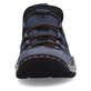 Ozeanblaue Rieker Damen Slipper L0546-14 mit einer Gummischnürung. Schuh von vorne.