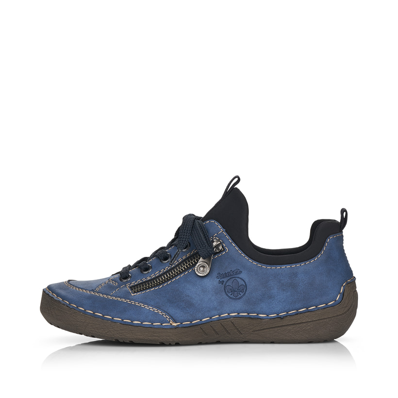 
Ozeanblaue Rieker Damen Slipper 52573-14 mit Elastikeinsatz sowie einer leichten Sohle. Schuh Außenseite