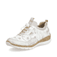 Weiße Rieker Damen Slipper N4278-90 mit Gummischnürung sowie mehrfarbigem Muster. Schuh seitlich schräg.