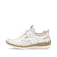 Weiße Rieker Damen Slipper N4278-90 mit Gummischnürung sowie mehrfarbigem Muster. Schuh Außenseite.