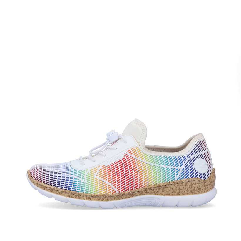 
Regenbogenfarbene Rieker Damen Slipper N4270-90 mit einer schockabsorbierenden Sohle. Schuh Außenseite