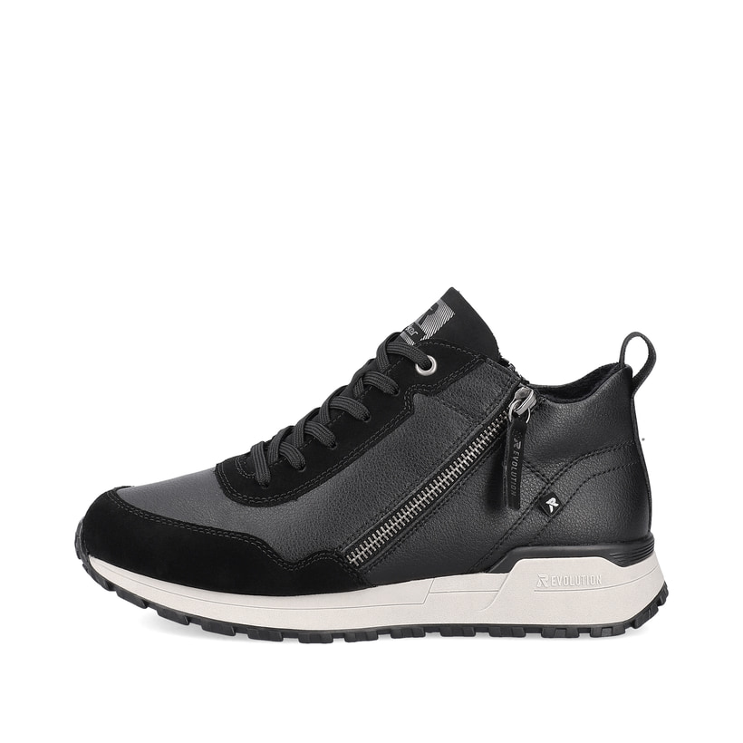 Schwarze Rieker Damen Sneaker High W0661-00 mit griffiger und leichter Sohle. Schuh Außenseite.