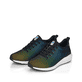 Schwarze waschbare Rieker Damen Sneaker Low 40101-00 mit flexibler Sohle. Schuhpaar seitlich schräg.