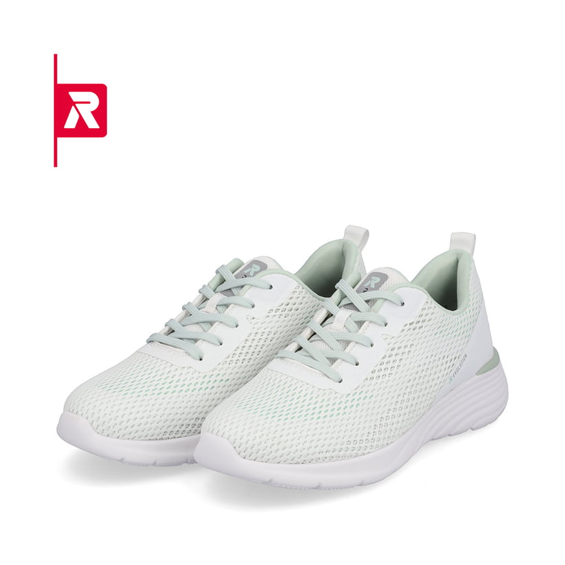 Kristallweiße Rieker EVOLUTION Damen Sneaker W0401-80 mit einer ultra leichten Sohle. Schuhpaar schräg.