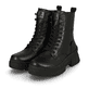 Schwarze Rieker Damen Schnürstiefel W0371-00 mit wasserabweisender TEX-Membran. Schuhpaar seitlich schräg.